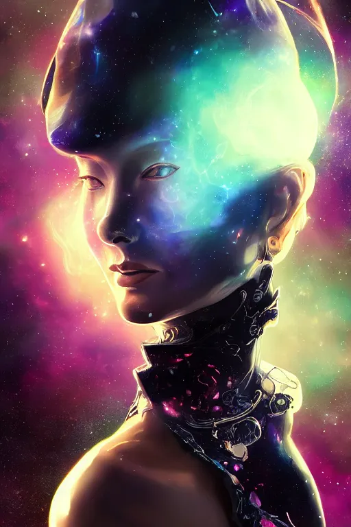 Image similar to a fancy portrait of a beautiful automaton in space with a colourful nebula behind her by dustin nguyen, sung choi, mitchell mohrhauser, maciej kuciara, johnson ting, maxim verehin, peter konig, bloodborne, 8 k photorealistic, cinematic lighting, hd, high details, dramatic, dark atmosphere, trending on artstation