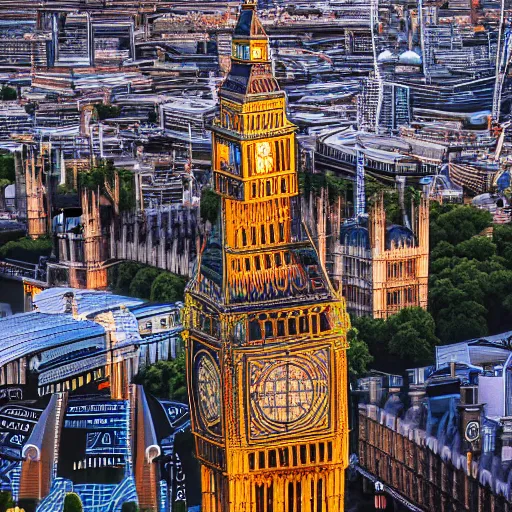 Prompt: london city, landscape, cityscape, high art, detailed, artstation award, intricate detail, panoramic, wide angle, sunset, color palette, big ben clock tower, british parliament building, from above