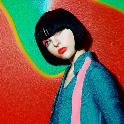 Prompt: Hydropunk girl with a summer vibrancy bobcut, flashy modern background with black stripes, color graflex photograph