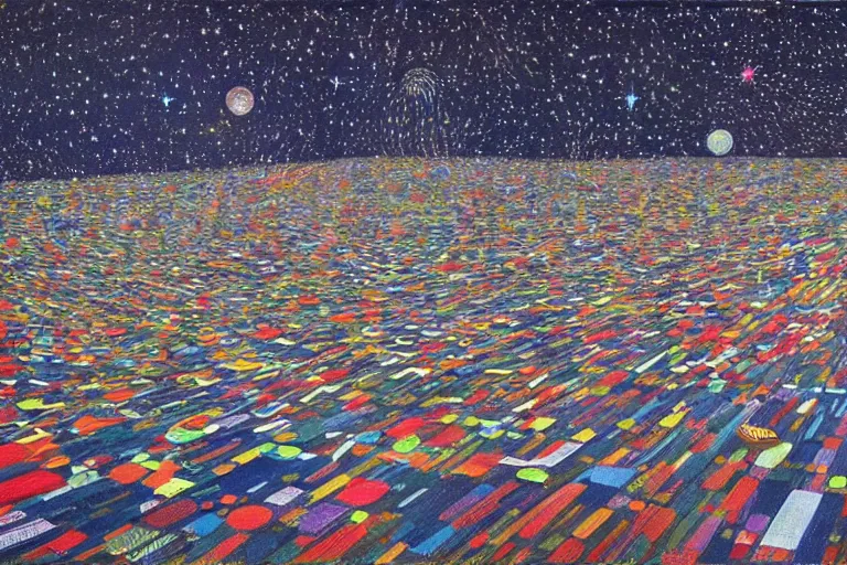 Image similar to hyper detailed night starry sky full of cats, by wayne thiebaud