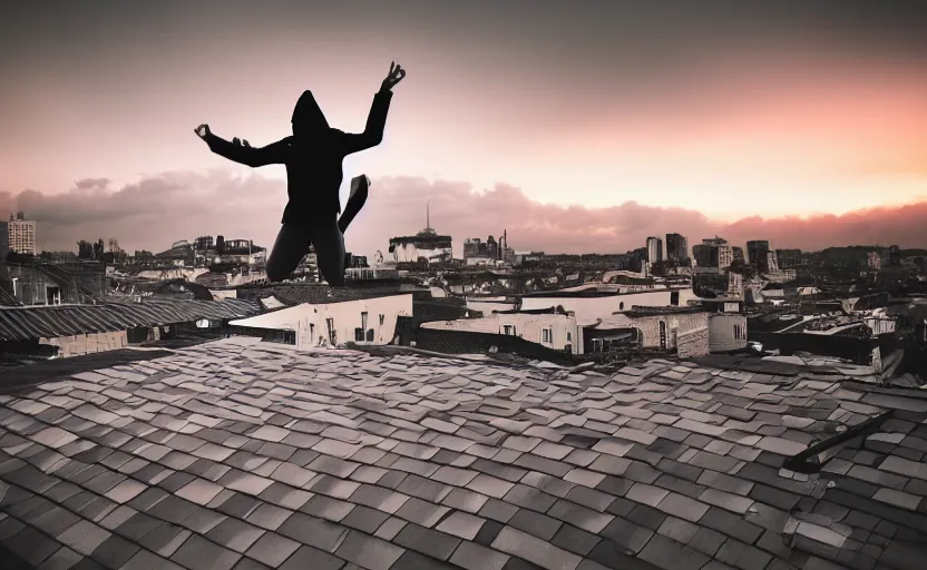 Image similar to sideways landscape photo of person jumping on the roofs, high contrast, moody sunset, late night, blurry photo, sharp focus, digital art, smooth