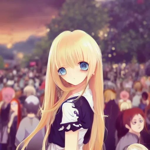 Prompt: a very beautiful anime girl, full body, long wavy blond hair, sky blue eyes, full round face, short smile, cute top, miniskirt, surround by a miniature crowd of people,wallpaper by wlop