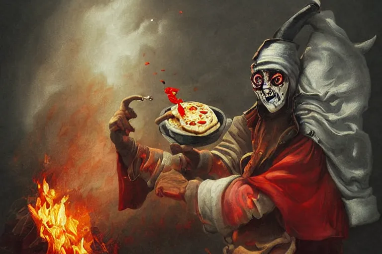 Image similar to a highly detailed scary painting of pulcinella!!! from naples with a pizza!! and lots of fire, a volcano and dark smoke, an ultrafine detailed painting by ravari mok, dramatic lighting, trending on deviantart, sharp focus, octane, masterpiece