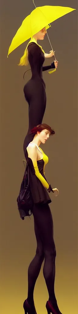Image similar to A very tall, slender woman wearing black puffy clothes and holding a yellow umbrella, sharp focus, intricate, elegant, digital painting, artstation, matte, highly detailed, concept art, illustration, ambient lighting, art by artgerm, Alphonse mucha, and Greg Rutkowski