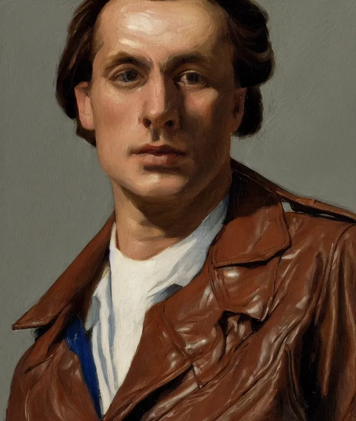 Image similar to a very detailed portrait of a man, wearing an 8 0 s leather jacket with big shoulder pads, very aesthetic leather jacket, detailed leather jacket, front view, in the style of edward hopper and oswald hornby joseph birley and susan ryder, very small brushstrokes, 4 k,