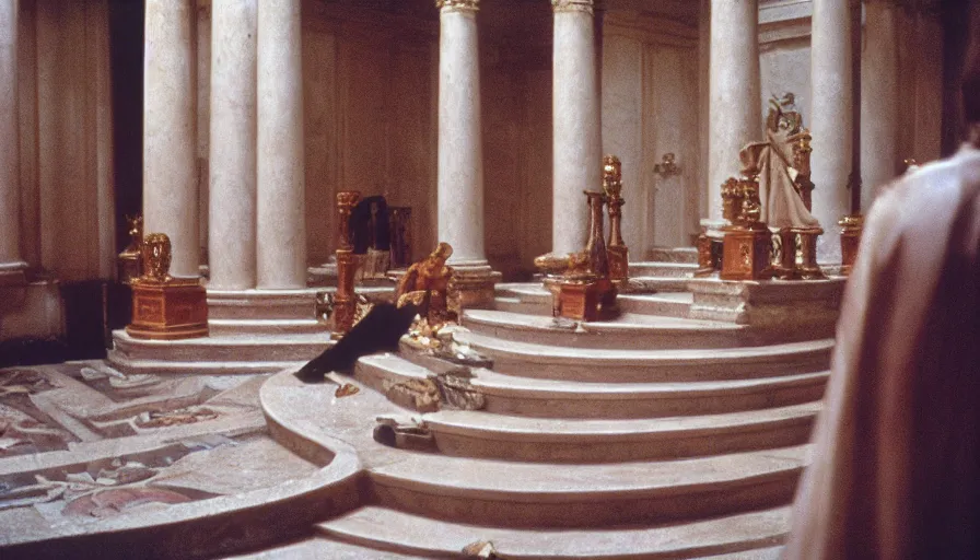 Image similar to movie still by tarkovsky of caligula stabbed to death by senators on huge stairs, cinestill 8 0 0 t 3 5 mm, high quality, heavy grain, high detail, dramatic light, ultra wide lens, anamorphic