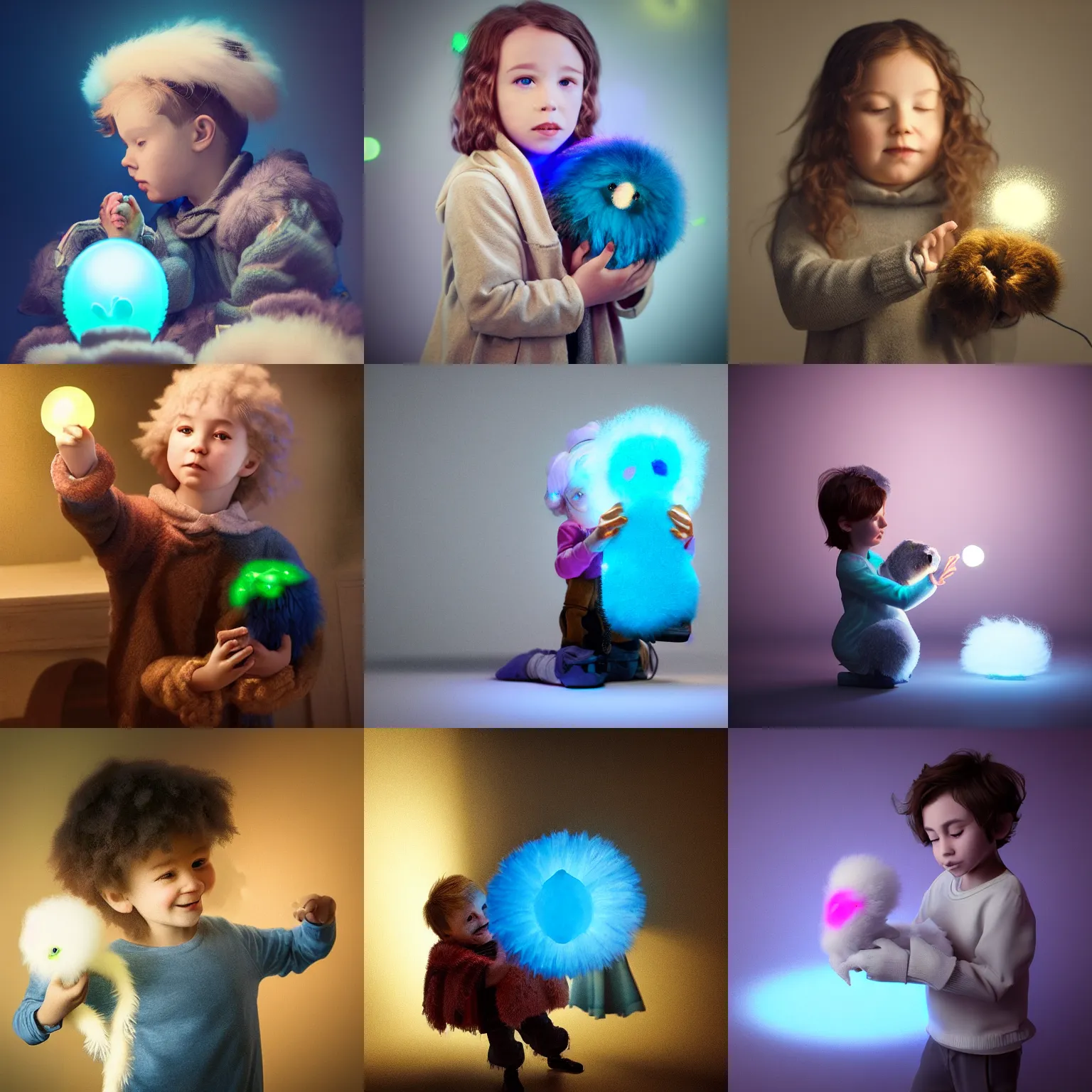 Prompt: adorable child holding a fluffy bioluminiscent creature in a toy shop by rembrandt, baroque, artstation, instagram, DOF, soft lighting, unreal engine render