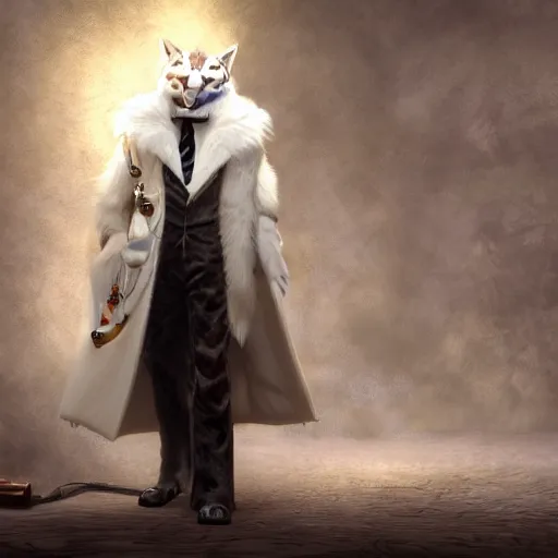 Image similar to white anthropomorphic lynx in victorian white man suit and white fur coat, lynx face, full body with cat paws by craig mullins and noriyoshi ohrai, unreal engine character, furry art, steampunk fantasy style, 4 k, trending on artstation