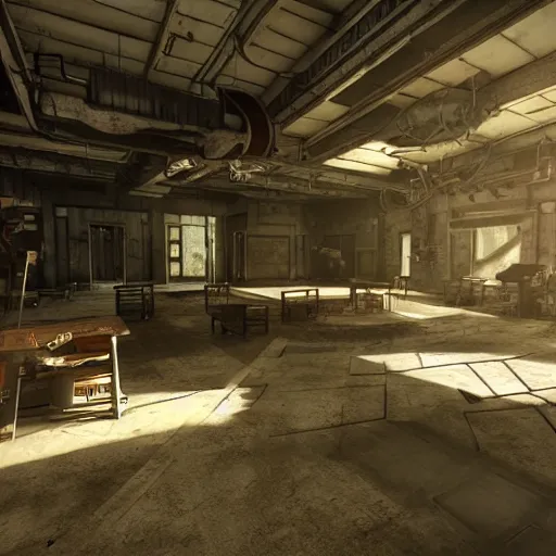 Image similar to fallout concept art school interior render grim realistic lighting unreal engine 5