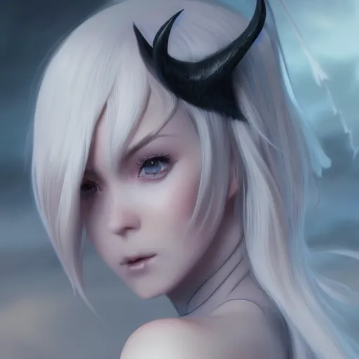 Prompt: a beautiful anime girl wtih demon horns and bat wings,white hair,full body,matte painting,by Greg Rutkowski and Ilya Kuvshinov and Matsumoto Taiyou,super clear details,hyper realistic,trending on artstation,8k