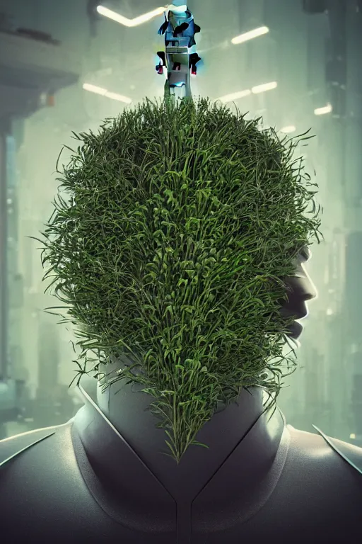 Image similar to a robot with chives and basil growing out of his head, cyberpunk art by Mike Winkelmann and beeple, by Filip Honda, trending on cgsociety, panfuturism, made of chives and basil herbs, glitch art, rendered in cinema4d,