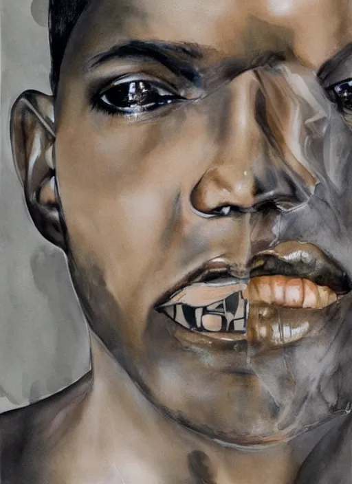 Image similar to ( ( ( ( ( beautiful painting of [ kanye west ], [ kanye west ] concept art, sci - fi illustration, airbrush watercolor painting [ cyberpunk ] ) ) ) ) ) by marlene dumas and archan nair [ hyperrealism ]!!!!!!!