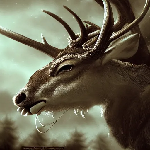 Prompt: hybrid between deer and dragon, profile, fantasy, extremely detailed, nature photography, artstation