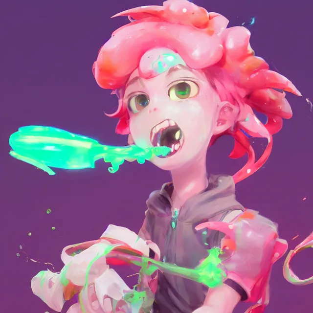 Prompt: a beautiful fullbody portrait of a cute splatoon anime boy with pink hairand green eyes. character design by cory loftis, fenghua zhong, ryohei hase, ismail inceoglu and ruan jia. artstation, volumetric light, detailed, photorealistic, fantasy, rendered in octane