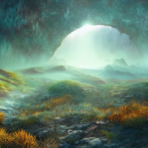 Prompt: landscape of an alien planet, beautiful, atmosphere, vibe, mist, esotic flowers, strange animals, alien plants, concept art illustration, color page, tone mapping, volumetric lighting, sunbeams, particles