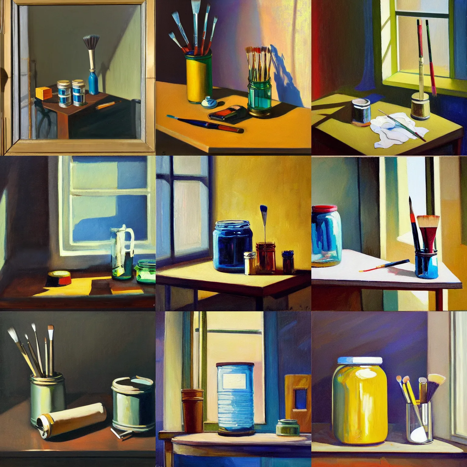 Prompt: gallery painting of paint brushes, tubes of paint, and glass canning jar shimmering on a desk, dramatic afternoon lighting, oil on canvas, heavy metal, by hopper