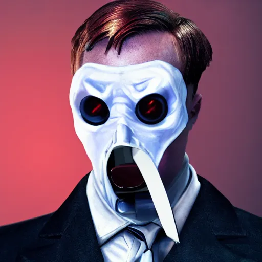 Image similar to TF2 Pyro as The American Psycho, cinematic still, sweating hard