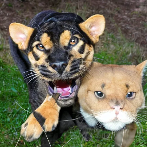 Prompt: panther shows teeth to a small long dog