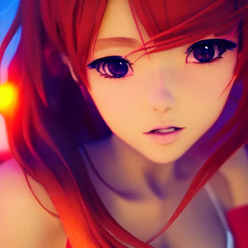 Image similar to render as a very beautiful 3d anime girl, short orange red hair, hazel eyes, full round face, short smile, cute bikini, serene beach setting, cinematic lightning, medium shot, mid-shot, highly detailed, trending on Artstation, Unreal Engine 4k, cinematic wallpaper