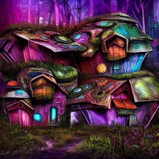 Image similar to psychedelic mushroom houses, post apocalyptic, dark fantasy, liminal space, dark paradise, digital art, 4 k