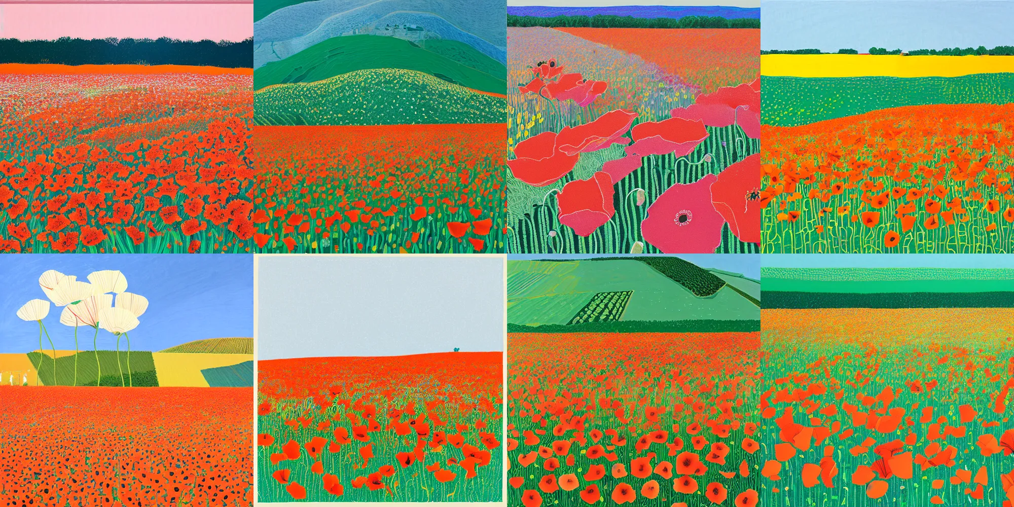 Prompt: field of poppy flowers by david hockney, victo ngai