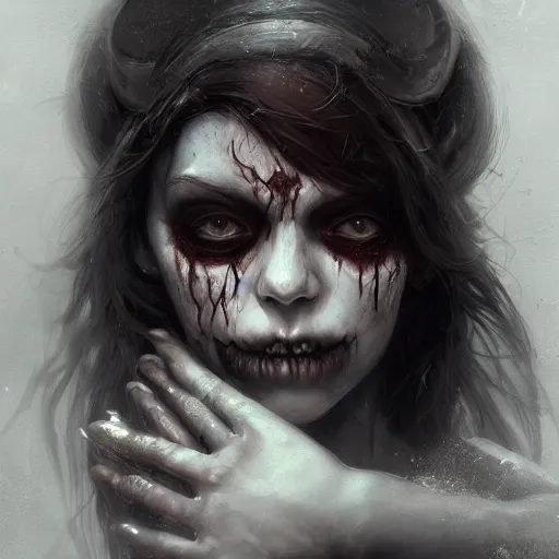 Prompt: detailed portrait of a cute undead zombie girl, beautiful, fantasy, intricate, elegant, highly detailed, digital painting, artstation, concept art, matte, sharp focus, illustration, art by aenaluck and roberto ferri and greg rutkowski, epic fantasy, digital painting