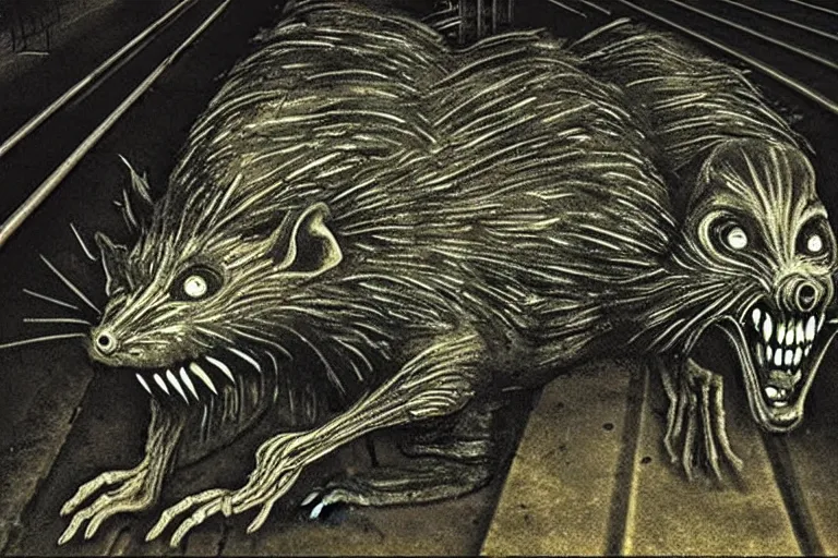 Image similar to very large giant mutant zombie irradiated angry rat staying on railways in tonnel of moscow subway. extreme high detail, very realistic. low dark light, scary mood. giger