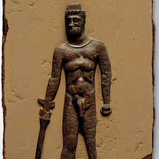 Image similar to a scrappy bronze age thief man, ancient mesopotamia, hiding, opportunistic expression, sword and sandal character portrait by anna archer, charles angrand