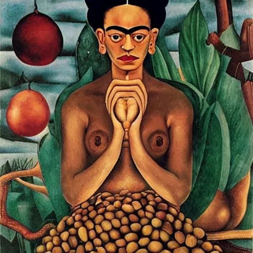 Prompt: Pensive Wizard Examining Eggs, by Frida Kahlo.