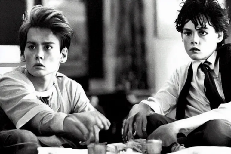 Prompt: A young Johnny Depp featuring the movie Big. 1988, movie still, cinematic