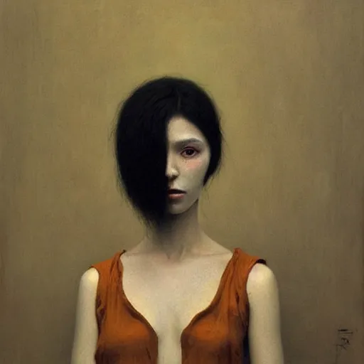 Prompt: portrait of young female in gown with pale white skin and short black hairs, full body, painting by Beksinski