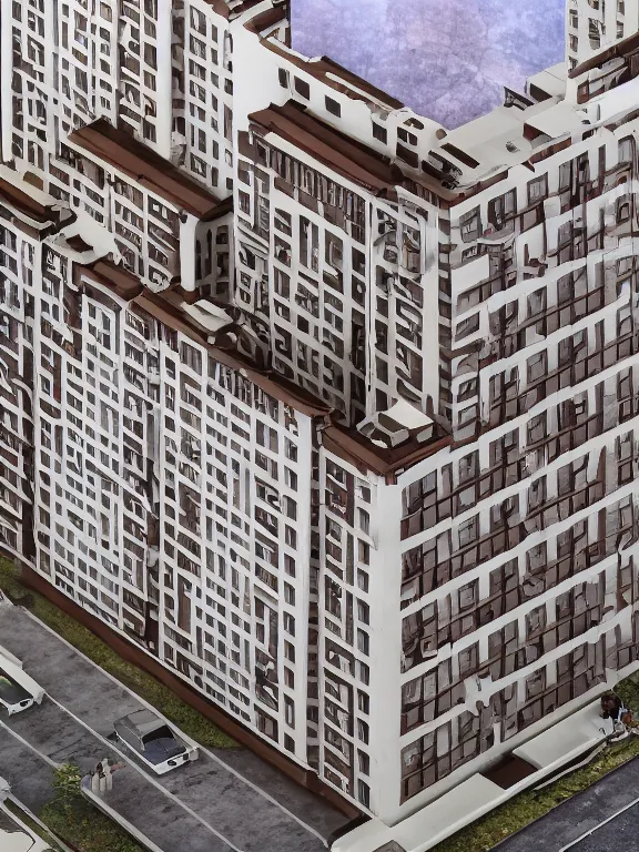 Image similar to soviet apartment building, beautiful detailed miniature, diorama, isometric, 3d render, octane unreal render, ultra realistic, studio lighting, super detailed, 4k