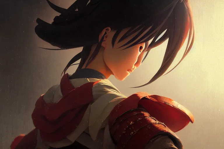 Image similar to baroque oil painting of anime key visual concept art of a samurai girl, very anime, stars vackground, trending on artstation, oil on canvas, style of makoto shinkai greg rutkowski studio ghibli