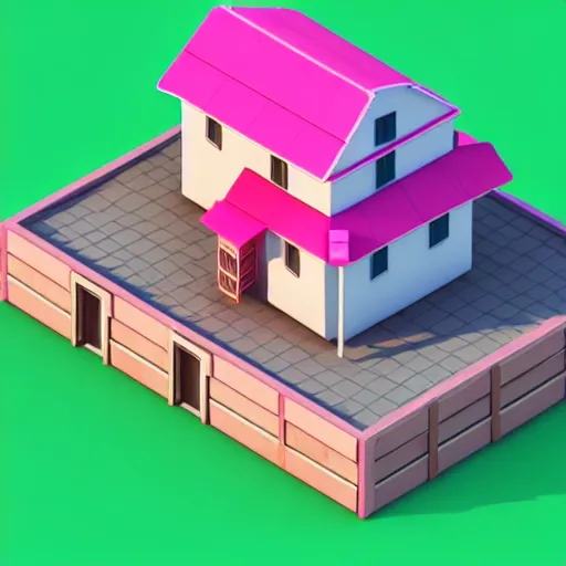 Prompt: isometric village house, 3 d icon for mobile game, blender 3 d, pink scheme, octane render, 8 k resolution