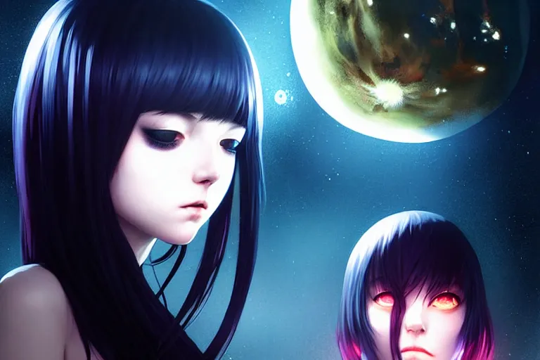 Image similar to emo girl battles again a stove fire. floating planets on the background, box office hit, fantasy and cosmic horror movie, unreal engine, intricate, highly detailed 8 k, ambient occlusion, extremely beautiful and aesthetic shape of face and body, art by hiroaki samura and ilya kuvshinov and rossdraws