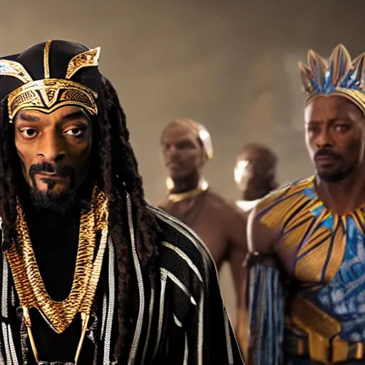 Image similar to film still of Snoop Dogg as T’Chala in the new Black Panther movie