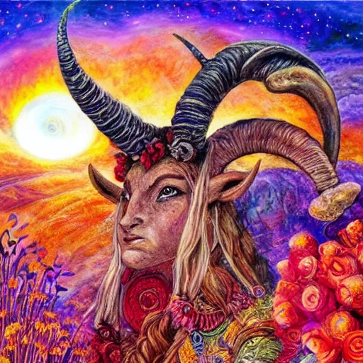 Image similar to horned ram goddess, checking her cell phone, painting by josephine wall, erupting volcano in distance, sunset, flowers in foreground, zodiac, fantasy acrylic on canvas, intricately detailed, highly detailed, high resolution, hdr, 8 k, by senior concept artist, trending on artstation