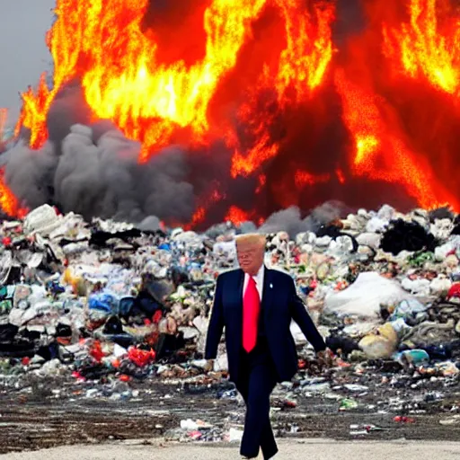 Image similar to trump on fire standing on top of a garbage dump, mar a lago