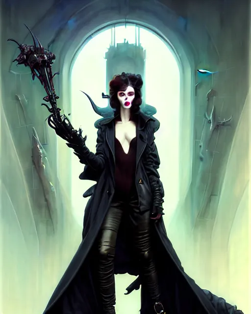 Prompt: beautiful fantasy character portrait, lilly collins, wearing oversized black trench coat, ultra realistic, wide angle, dramatic lighting, vultures, very seductive pose, cyberpunk artifacts, highly detailed by peter mohrbacher, hajime sorayama, wayne barlowe, boris vallejo, aaron horkey, gaston bussiere, craig mullins