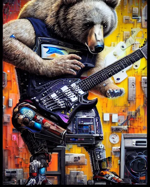 Image similar to a portrait of an anthropomorphic cyberpunk bear shredding an electric guitar by sandra chevrier, by jon foster, detailed render, tape deck, epic composition, cybernetics, 4 k realistic, cryengine, realistic shaded lighting, sharp focus, masterpiece, by enki bilal