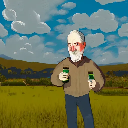 Image similar to a Scottish man holding a pint of beer in the middle of an empty field, In the back ground of the frame is a beautiful landscape., physically accurate, dynamic lighting, intricate, elegant, highly detailed, digital painting in the style of very very artist illustrator ralph steadman, sharp focus, illustration