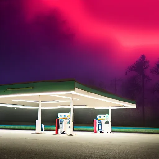 Prompt: a convenience store at a gas station in the dark and misty night, observed from afar in the fog, 4 k, hdr 1 0