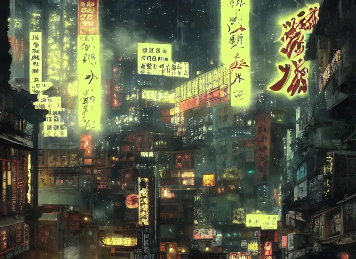 Image similar to anime of 1 9 2 0 s hong kong at night lit by the stars, wispy smoke, highly detailed face, very intricate, symmetrical, cinematic lighting, award - winning, painted by wong kar - wai and mandy jurgens and peter doig, dystopian, bold colors, dark vibes, featured on artstation