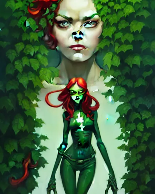 Image similar to peter mohrbacher, phil noto comicbook cover art, artgerm, emma stone poison ivy, vines, symmetrical eyes, full body, green outfit, city rooftop
