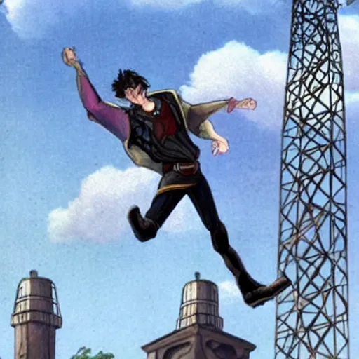 Image similar to A boy thief falling off a tall tower in a metal city wishing he could fly, epic fantasy style