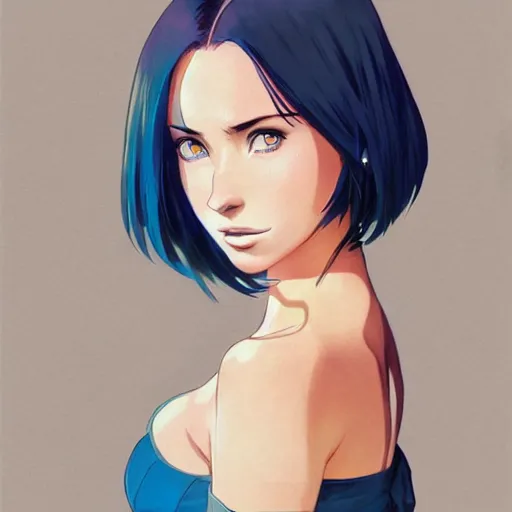 Image similar to manga girl in a blue dress, fine - face, megan fox, realistic shaded perfect face, fine details. anime. realistic shaded lighting poster by ilya kuvshinov katsuhiro otomo ghost - in - the - shell, magali villeneuve, artgerm, jeremy lipkin and michael garmash and rob rey