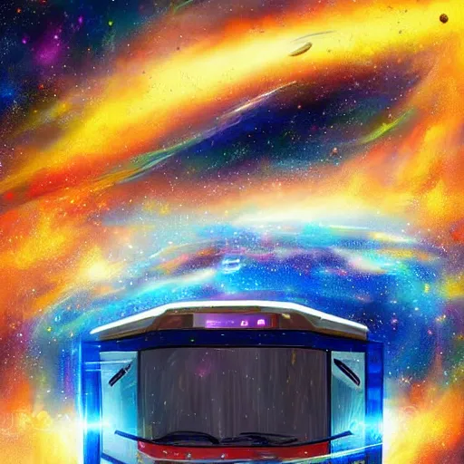 Prompt: beautiful digital painting of an RV driving through space, hyperdetailed, vivid colors, trending on Artstation