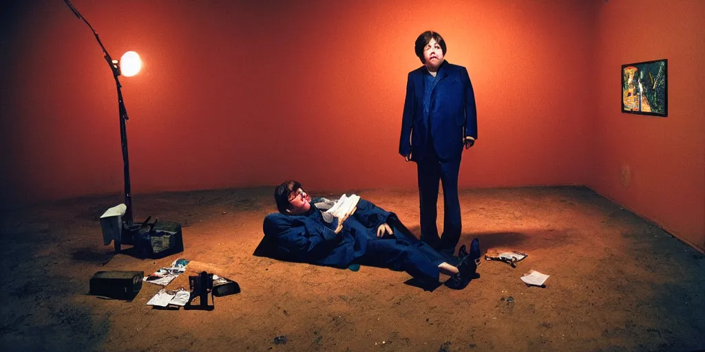 Image similar to award winning photo of BILL HICKS smoking weed in new york, vivid colors, happy, symmetrical face, beautiful eyes, studio lighting, wide shot art by gregory crewdson