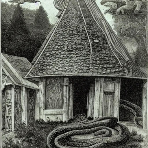 Image similar to a witches house, huge snakes on the roof of the house