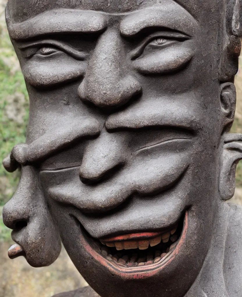 Image similar to ancient japanese oni iron statue, kamakura era, gyokugan eyes, hyper realistic, texture details, high fidelity,